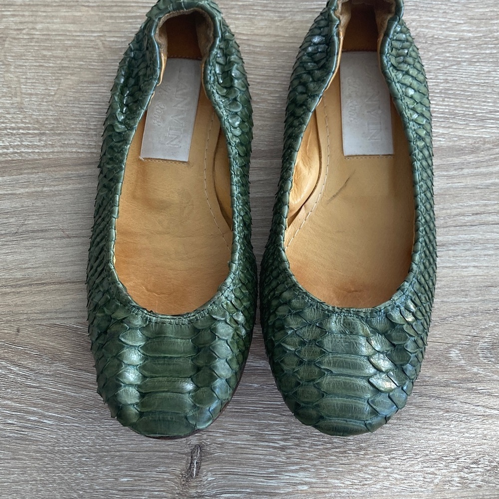 Lanvin Olive Green Python-Embossed Ballet Flats - Picture 5 of 8
